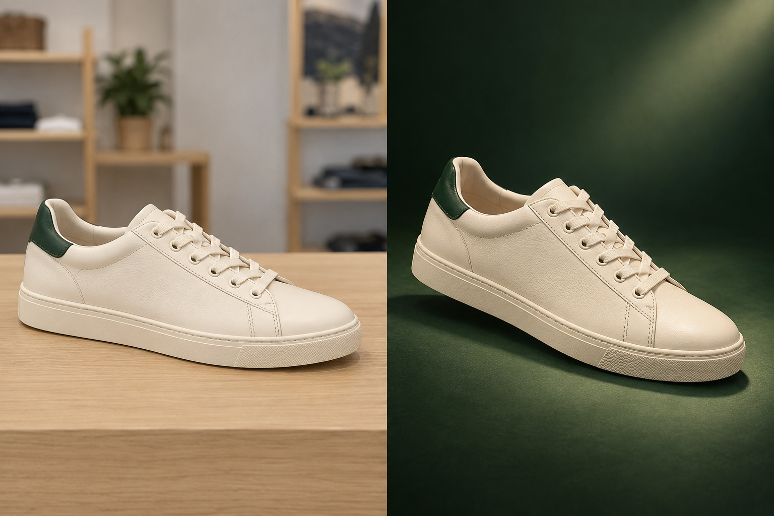 Zapatilla beige sobre una mesa de tienda y en una presentación comercial con fondo verde.
