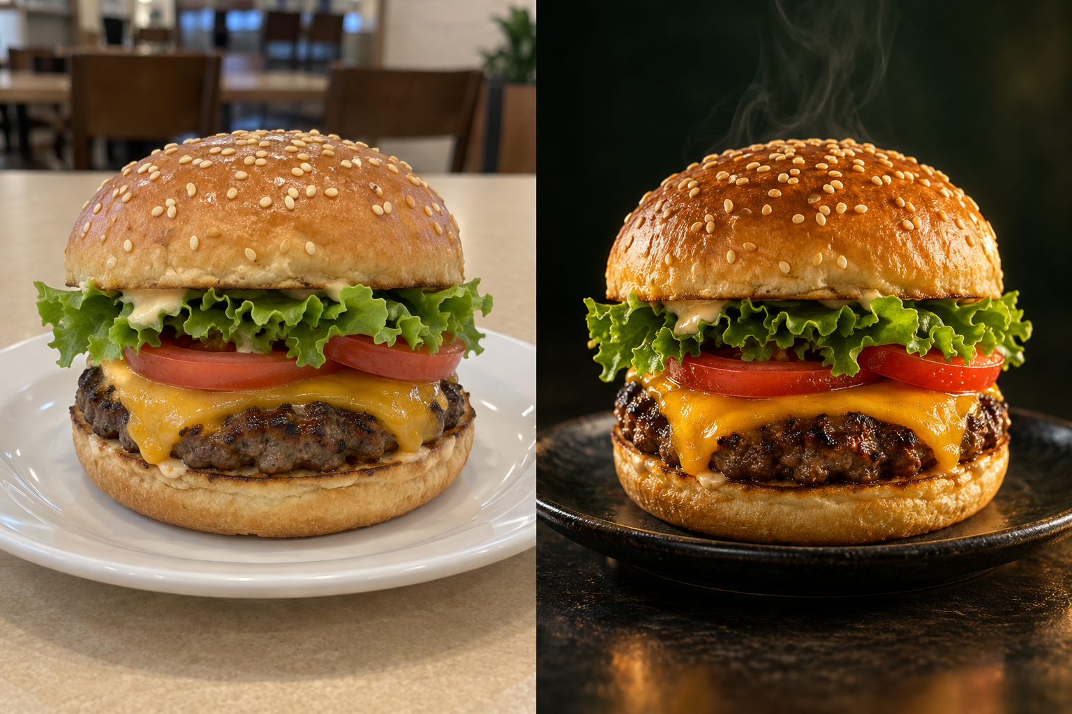 Hamburguesa en una mesa de restaurante y en una presentación comercial con iluminación destacada.