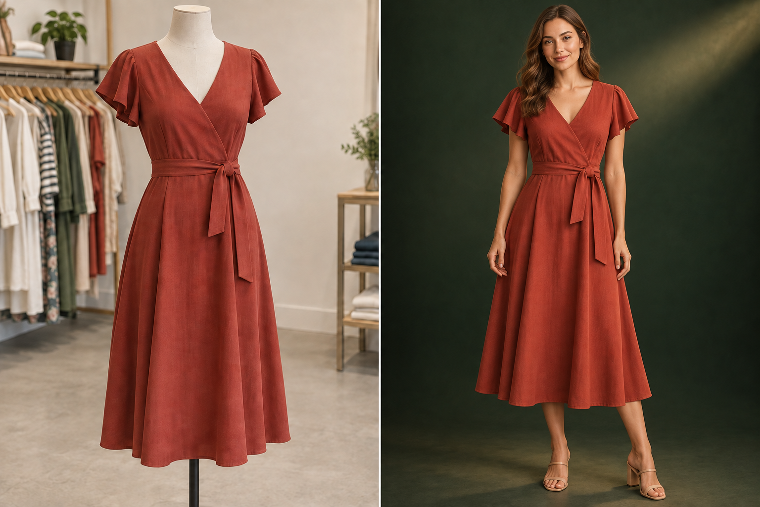 Vestido rojo presentado en un maniquí y en una modelo, con dos ambientes distintos.